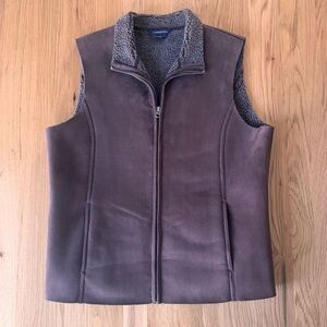 Lands' End Women's Faux Suede Sherpa Raw Edge Brown Zip Vest Pockets Size M
